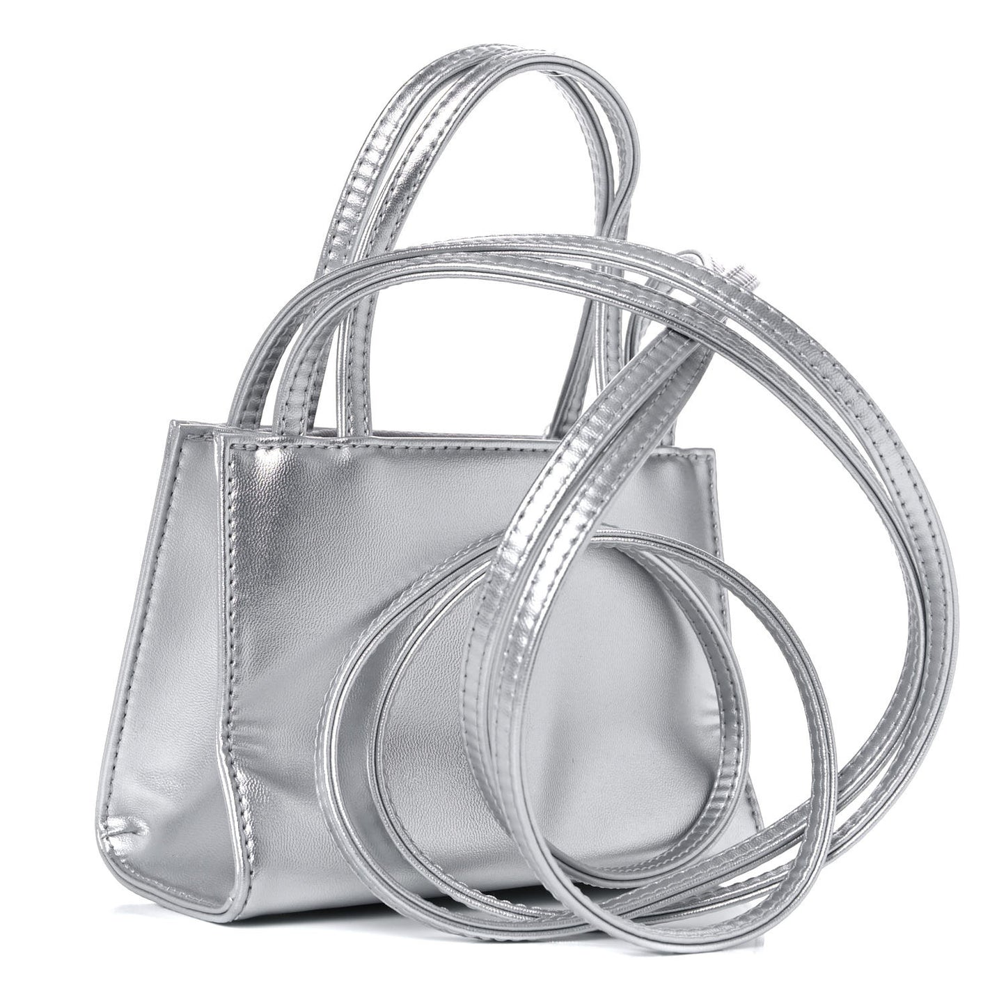 Metallic Vegan Leather Small Shopping Bag Silver