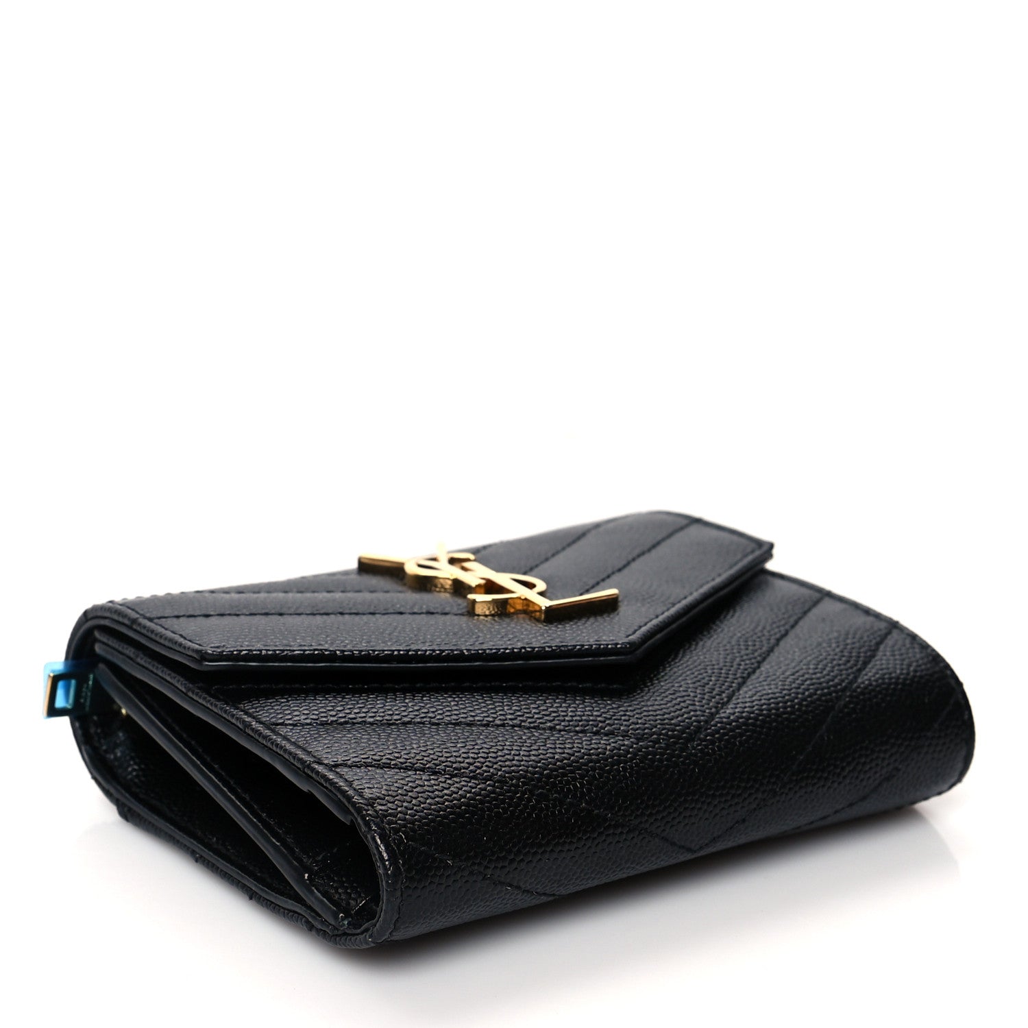 Saint Laurent Grain De Poudre Matelasse Chevron Monogram Compact Tri Fold Wallet Black 4 of 7