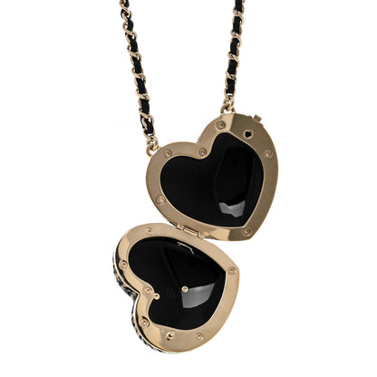 Chanel Tweed Lambskin CC Heart Locket Necklace Gold Black Beige 5 of 7