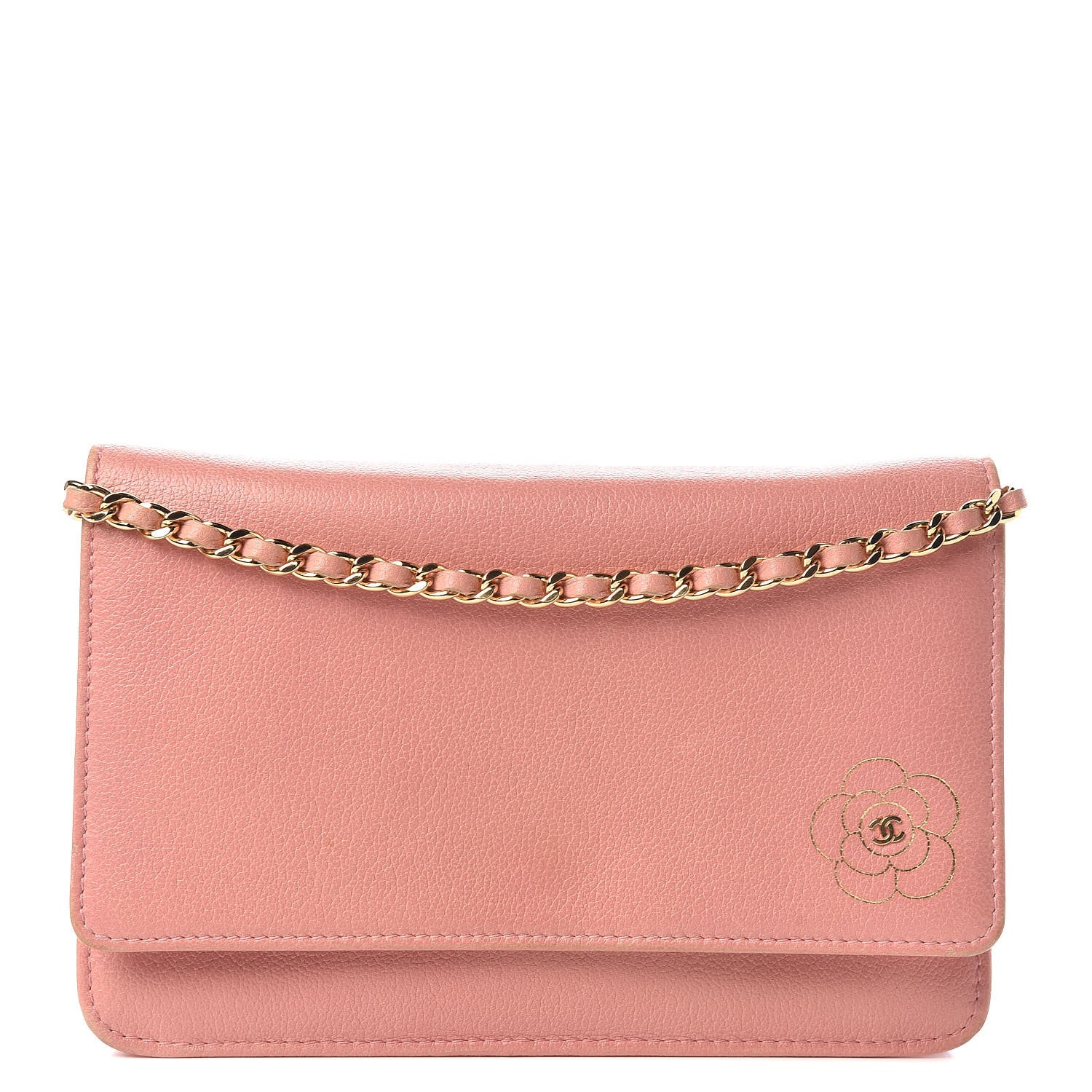 Chanel Goatskin Embossed Camellia Wallet On Chain WOC Light Pink 1 of 21