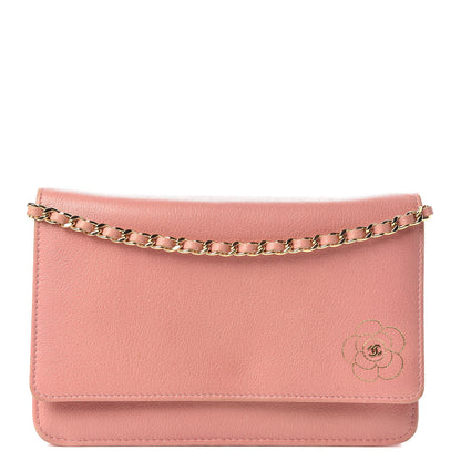 Chanel Goatskin Embossed Camellia Wallet On Chain WOC Light Pink 1 of 21