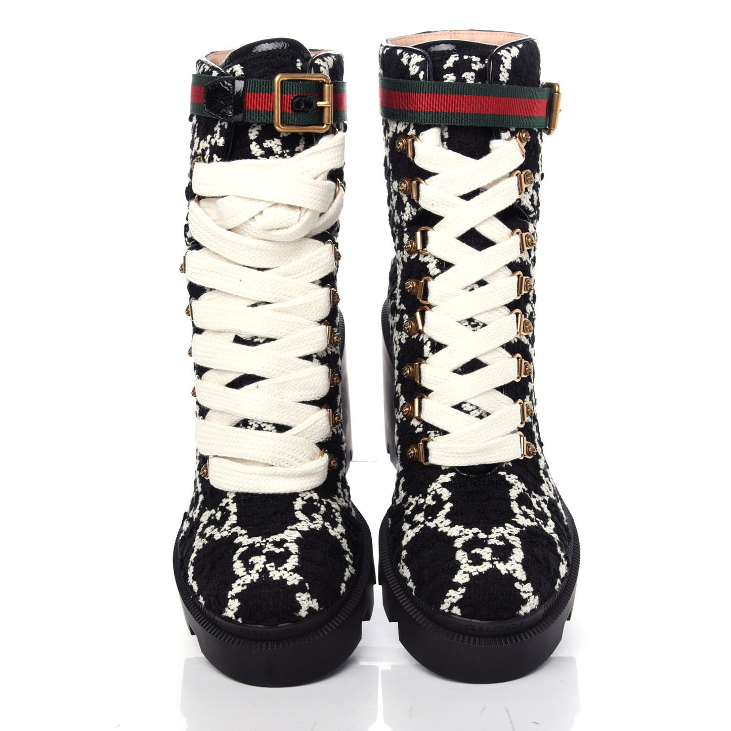 Tweed GG Monogram Lace Up Combat Ankle Boots 39.5 Black