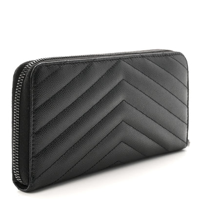 Saint Laurent Grain De Poudre Matelasse Chevron Monogram Monochrome Zip Around Wallet Black 3 of 6