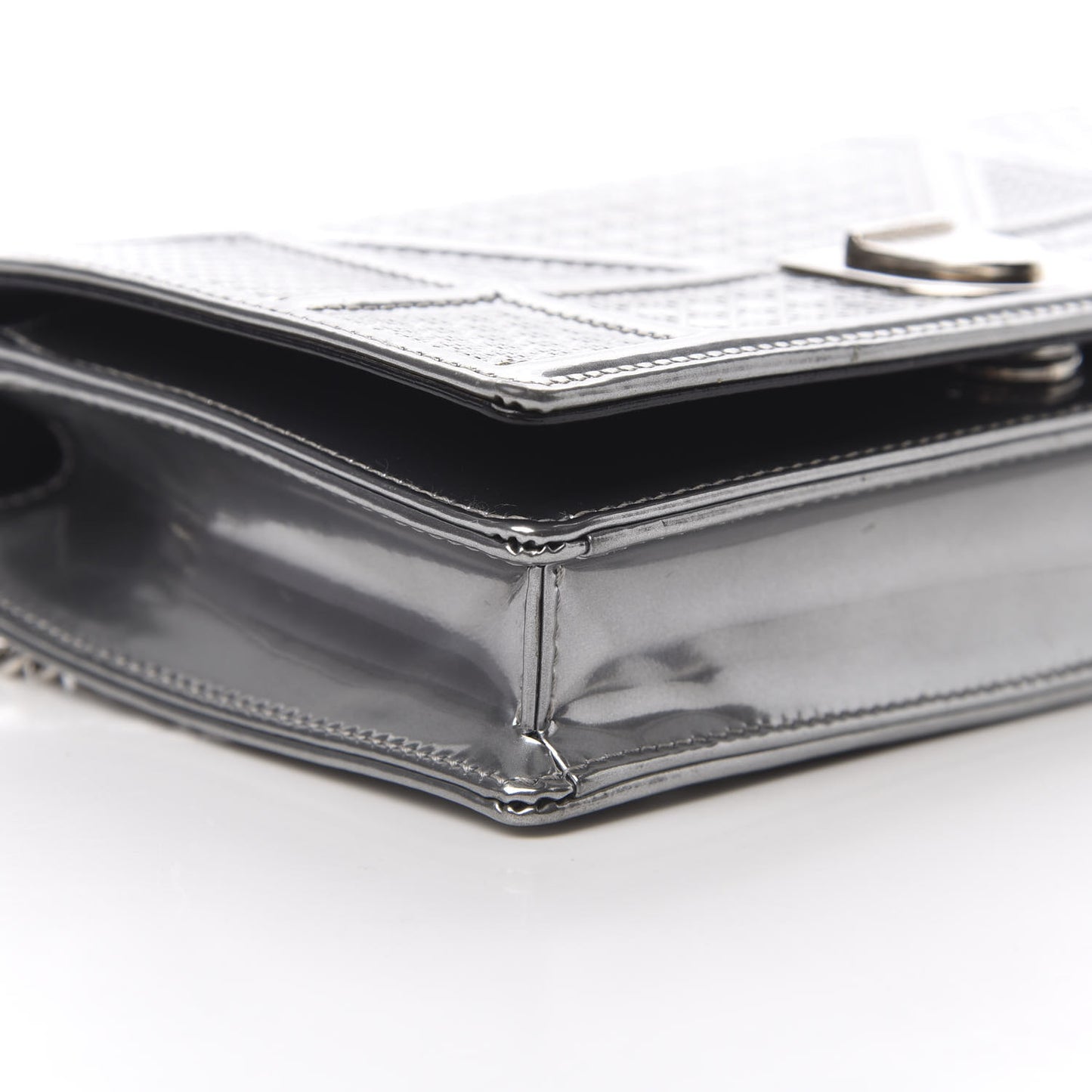 Metallic Patent Micro-Cannage Diorama Wallet on Chain Pouch Silver