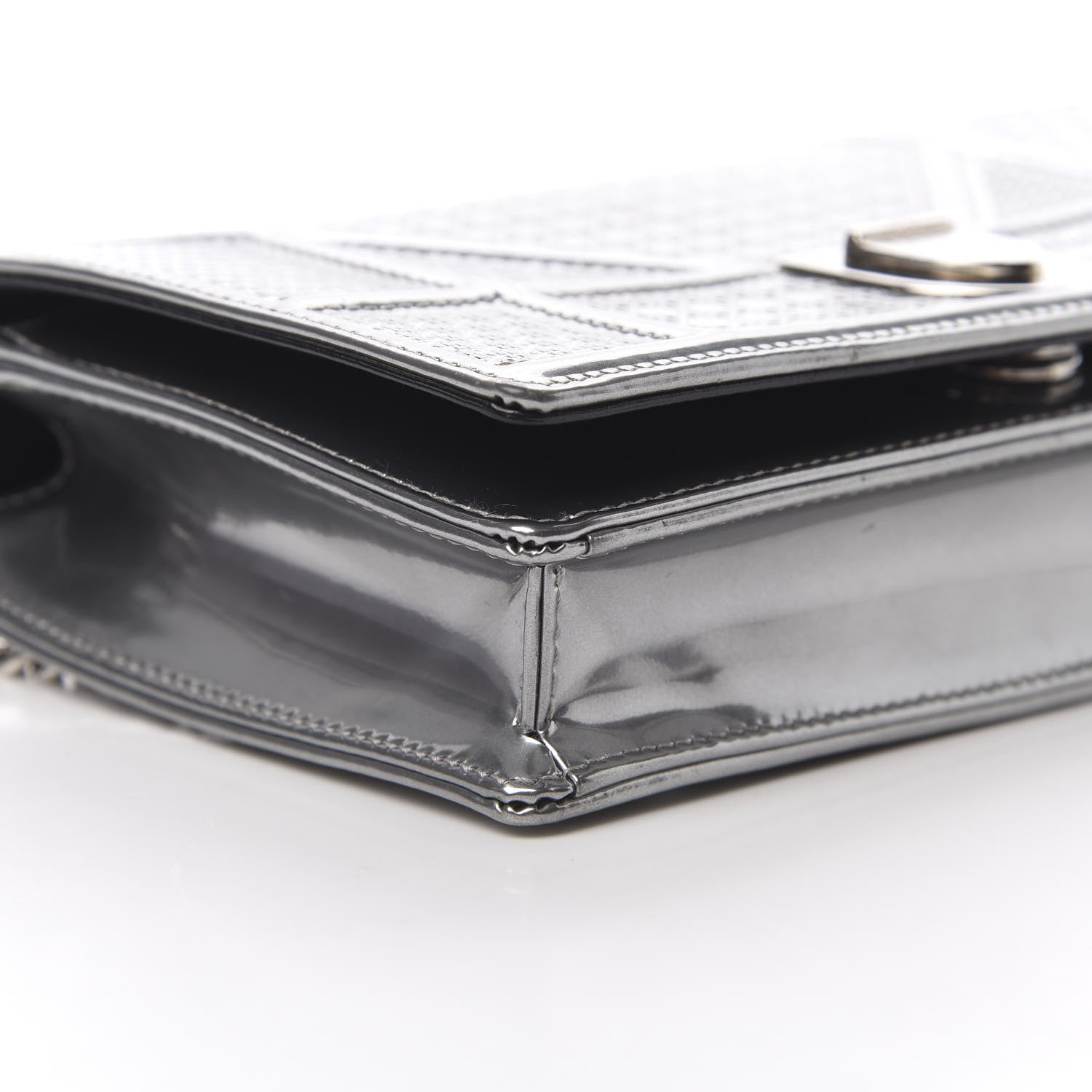 Christian Dior Metallic Patent Micro-Cannage Diorama Wallet on Chain Pouch Silver 10 of 15