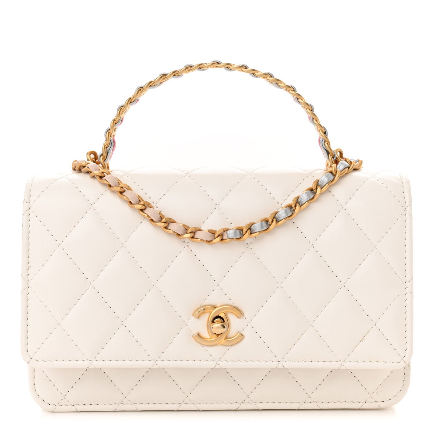 Shiny Calfskin Quilted Multicolor Top Handle Wallet On Chain WOC White