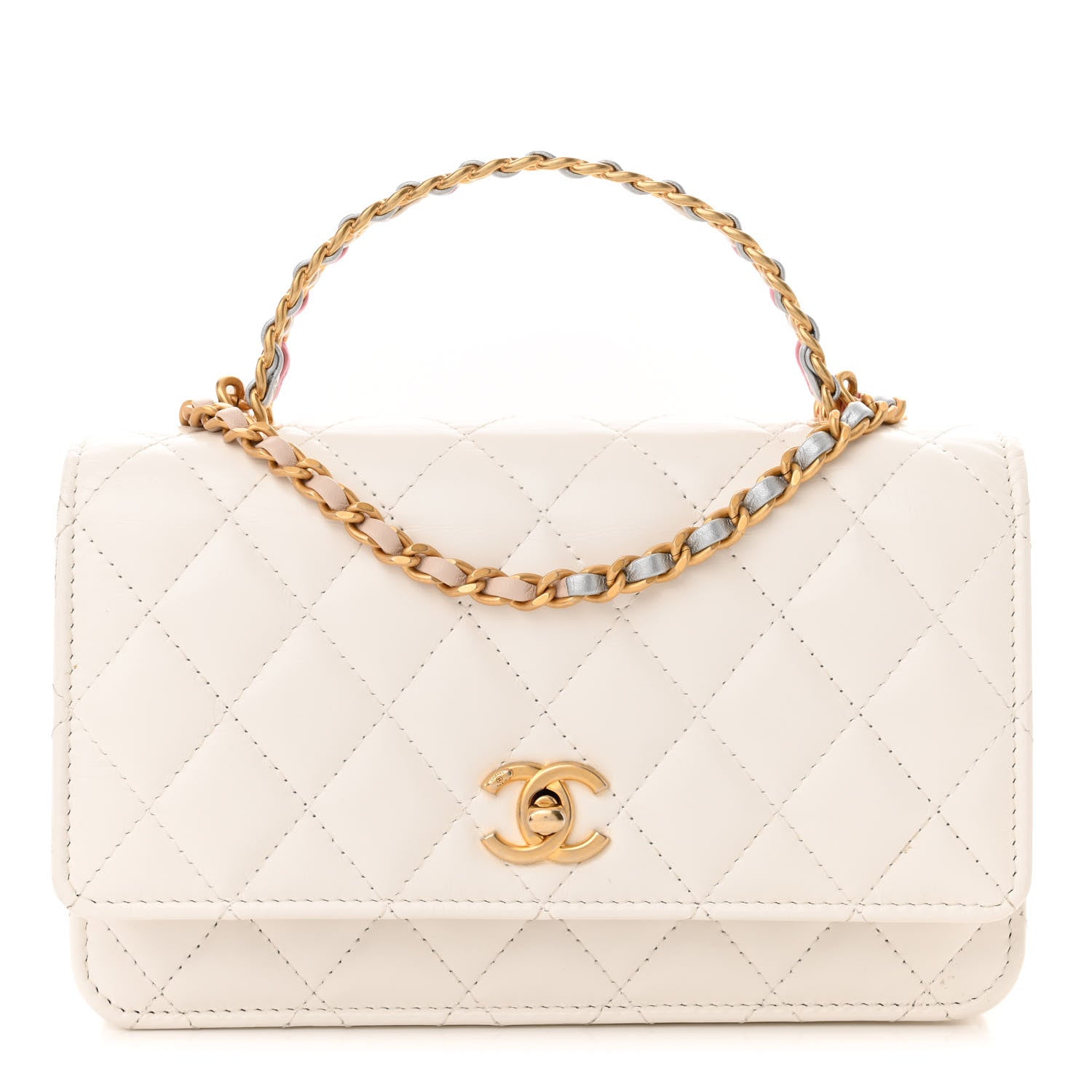 Chanel Shiny Calfskin Quilted Multicolor Top Handle Wallet On Chain WOC White 1 of 14