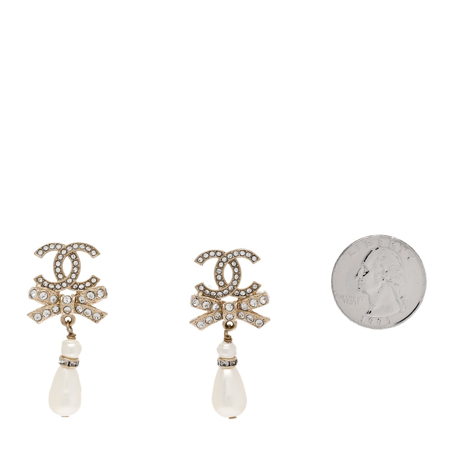 Chanel Crystal CC Bow Pearl Drop Earrings Gold Pearly White 2 of 4