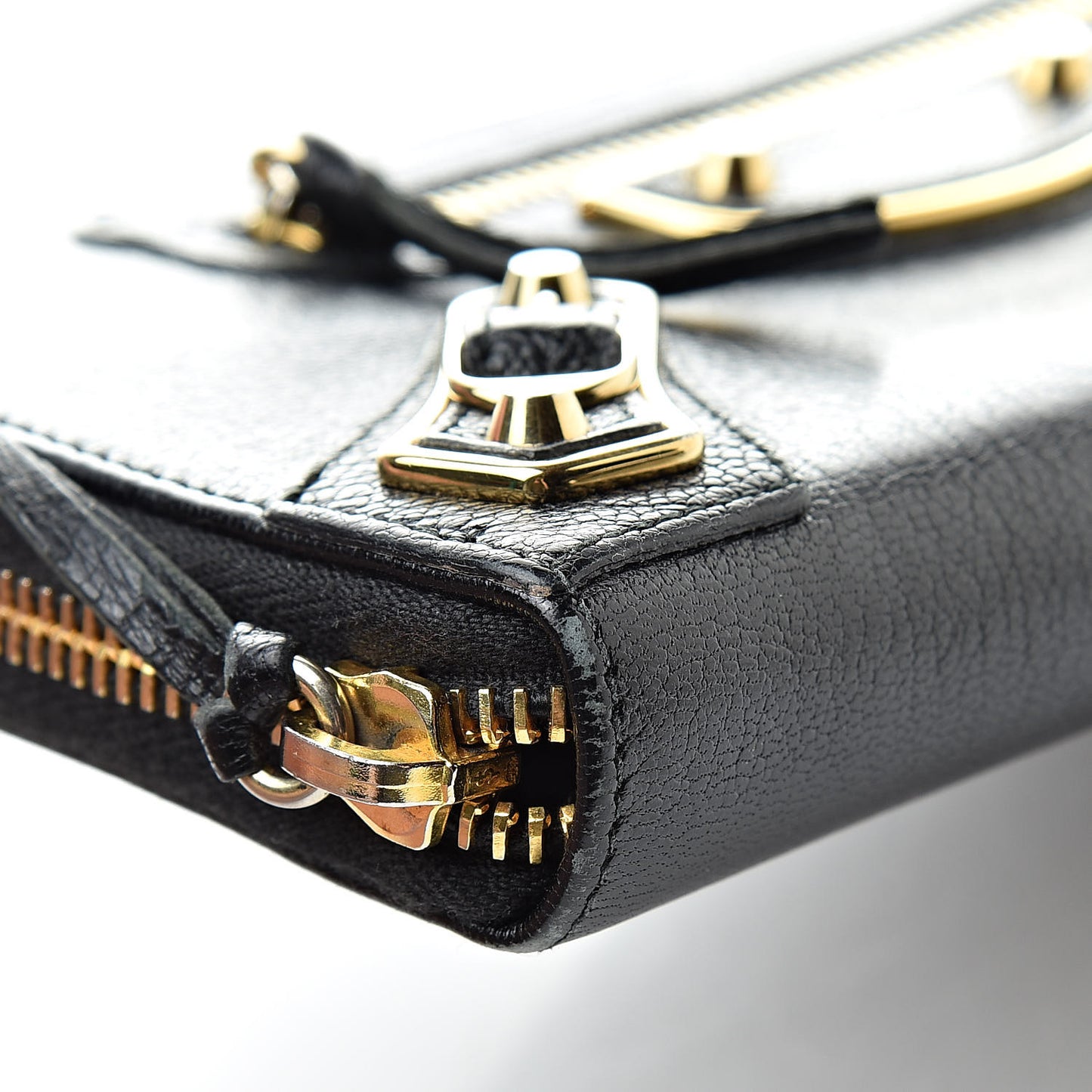 Chevre Gold Metallic Edge Hardware Zip Around Wallet Black
