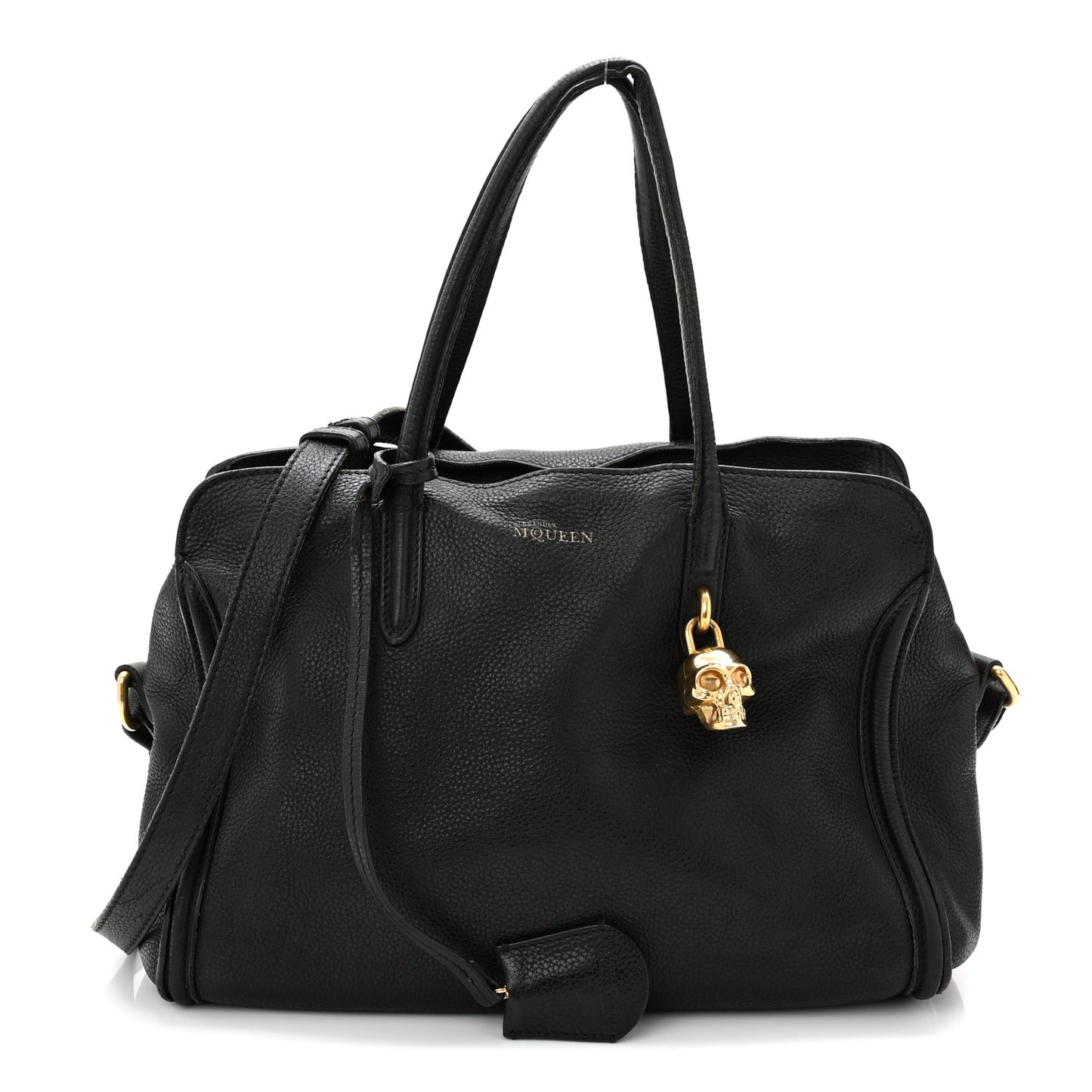 Pebbled Calfskin Small Skull Padlock Zip Around Tote Black