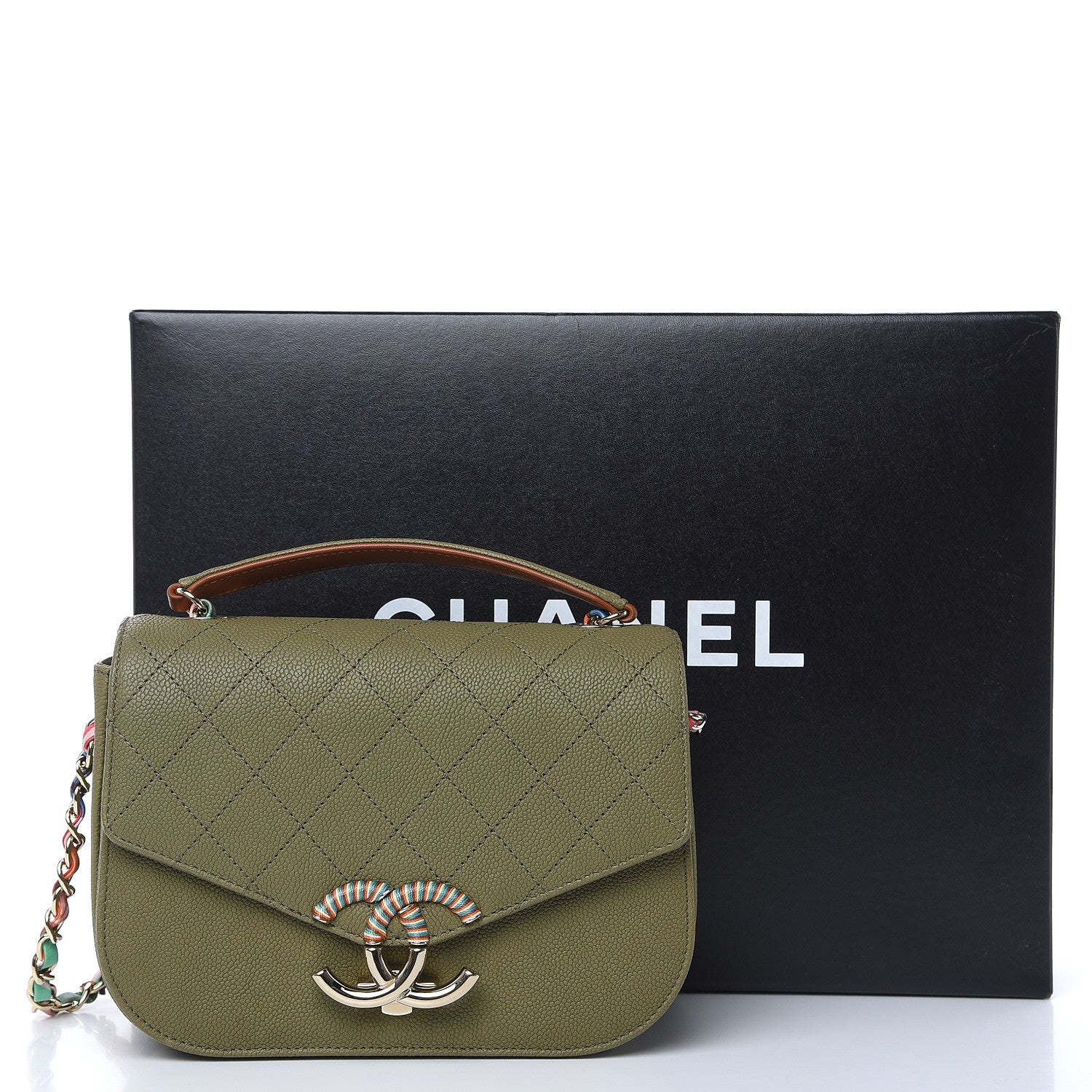 Chanel Grained Calfskin Quilted Small Cuba Top Handle Flap Khaki 12 of 12