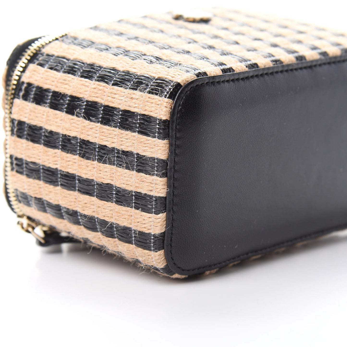 Raffia Jute Striped Small Vanity Case With Chain Black Beige
