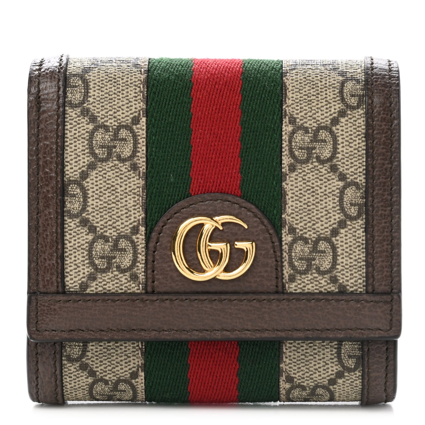 GG Supreme Monogram Textured Calfskin Web Ophidia Card Case Wallet Beige Ebony New Acero