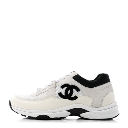 Chanel Mesh Suede Calfskin Grained Calfskin Womens CC Sneakers 39.5 White Black 1 of 9