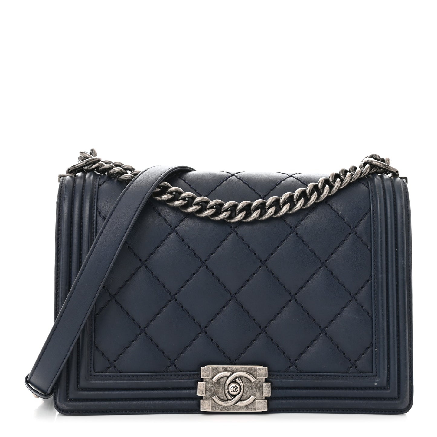 Calfskin Double Stitch New Medium Boy Flap Navy Blue