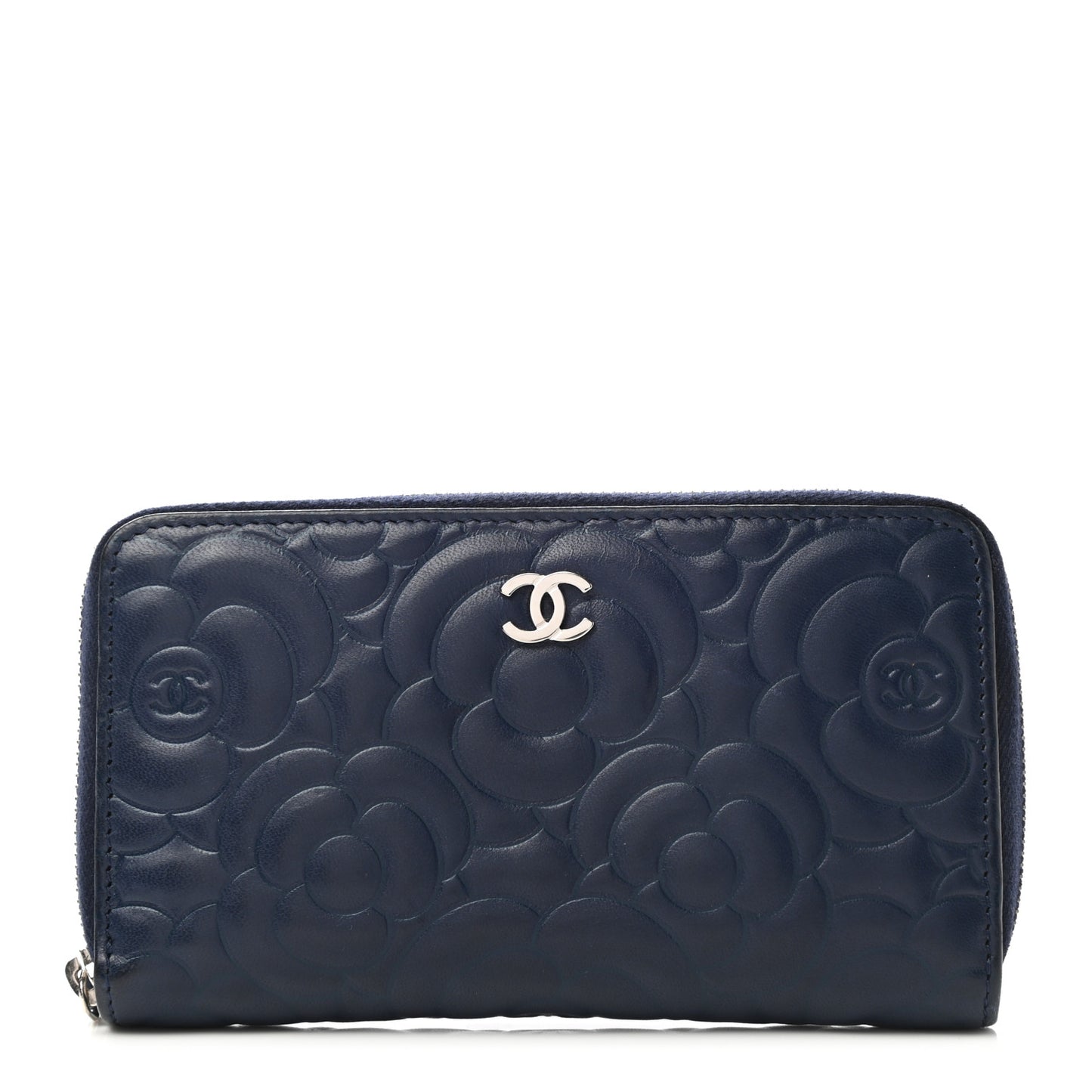 Lambskin Camellia Embossed Medium Zip Around Wallet Navy