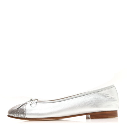Chanel Metallic Crackled Lambskin CC Cap Toe Ballerina Flats 39 Silver 1 of 8