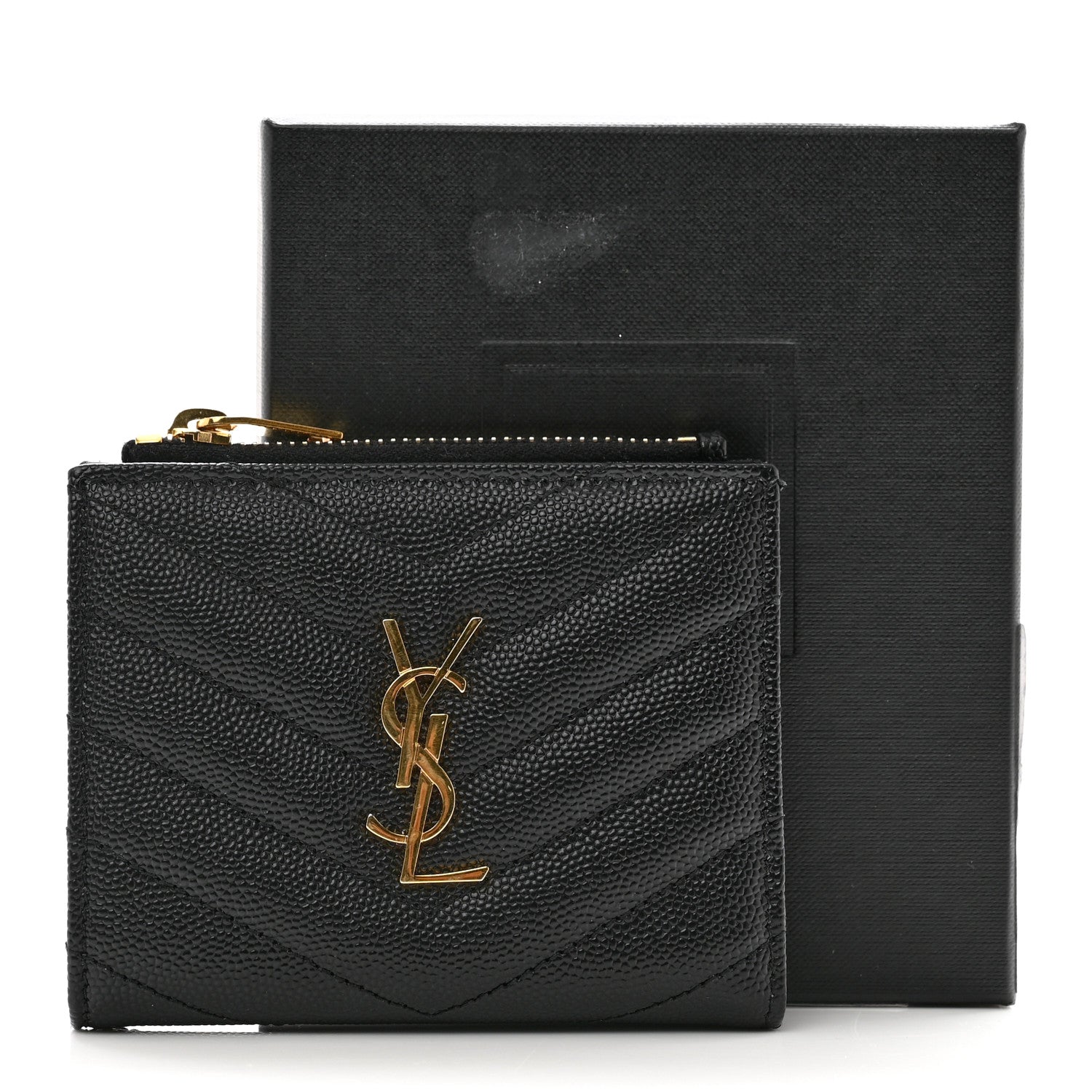Saint Laurent Grain De Poudre Matelasse Chevron Monogram Zipped Card Case Black 7 of 7