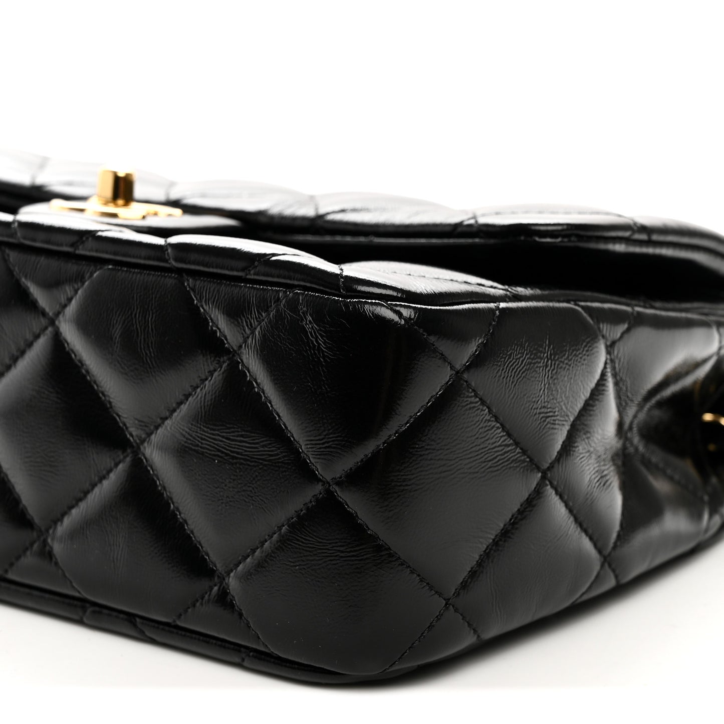 Shiny Lambskin Quilted Twisted Links Top Handle Flap Black