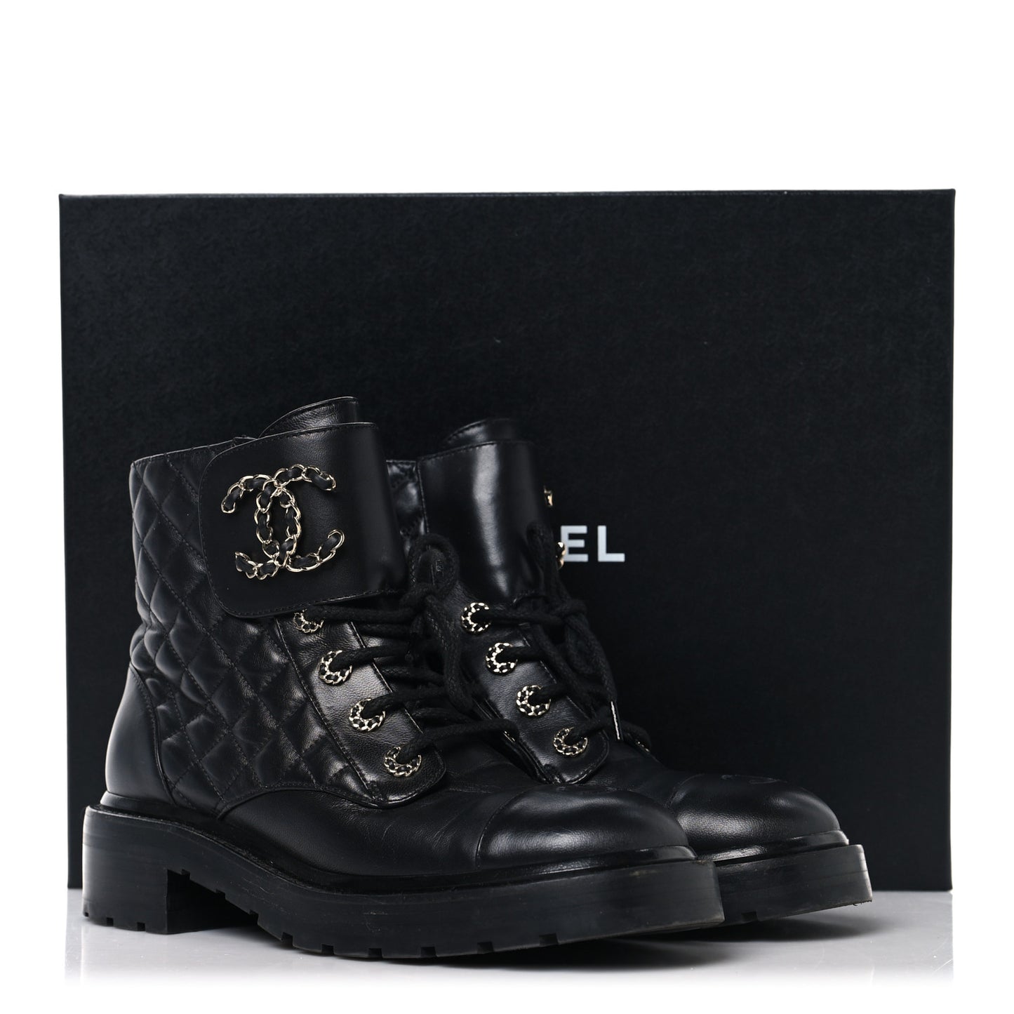 Shiny Lambskin Quilted Lace Up Combat Boots 39 Black