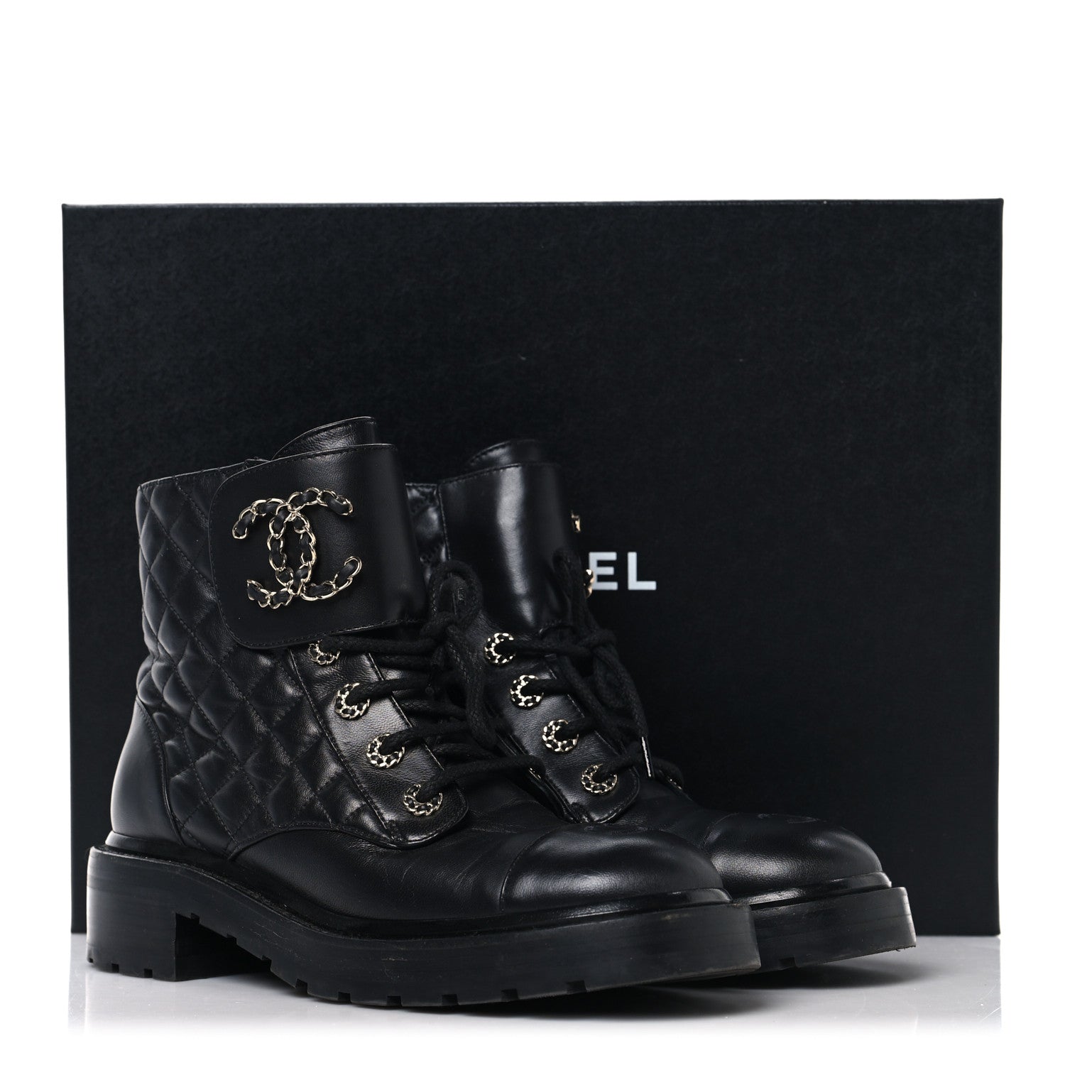 Chanel Shiny Lambskin Quilted Lace Up Combat Boots 39 Black 9 of 9