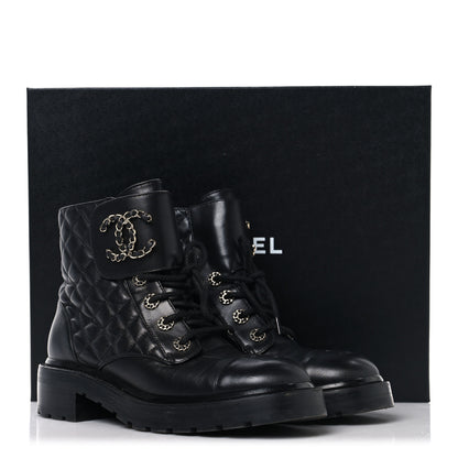 Chanel Shiny Lambskin Quilted Lace Up Combat Boots 39 Black 9 of 9