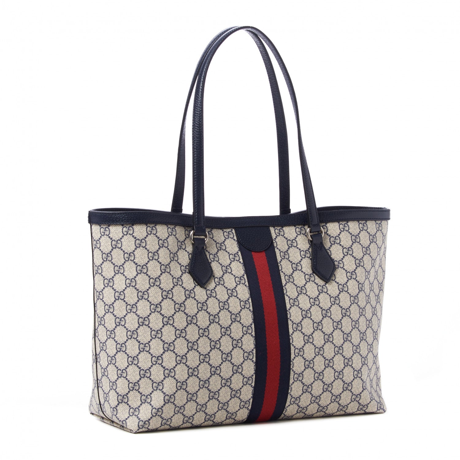 Gucci GG Supreme Monogram Textured Calfskin Web Medium Ophidia Shopping Tote Beige Blue 3 of 9
