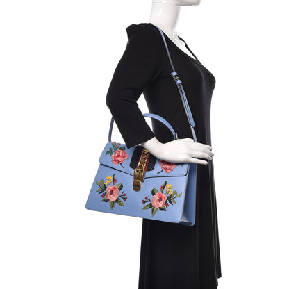 Gucci Calfskin Embroidered Medium Sylvie Top Handle Bag Clear Sky Blue 2 of 10