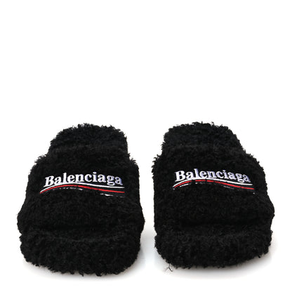 Balenciaga Faux Shearling Political Campaign Logo 80mm Sandals 37 Black 3 of 8