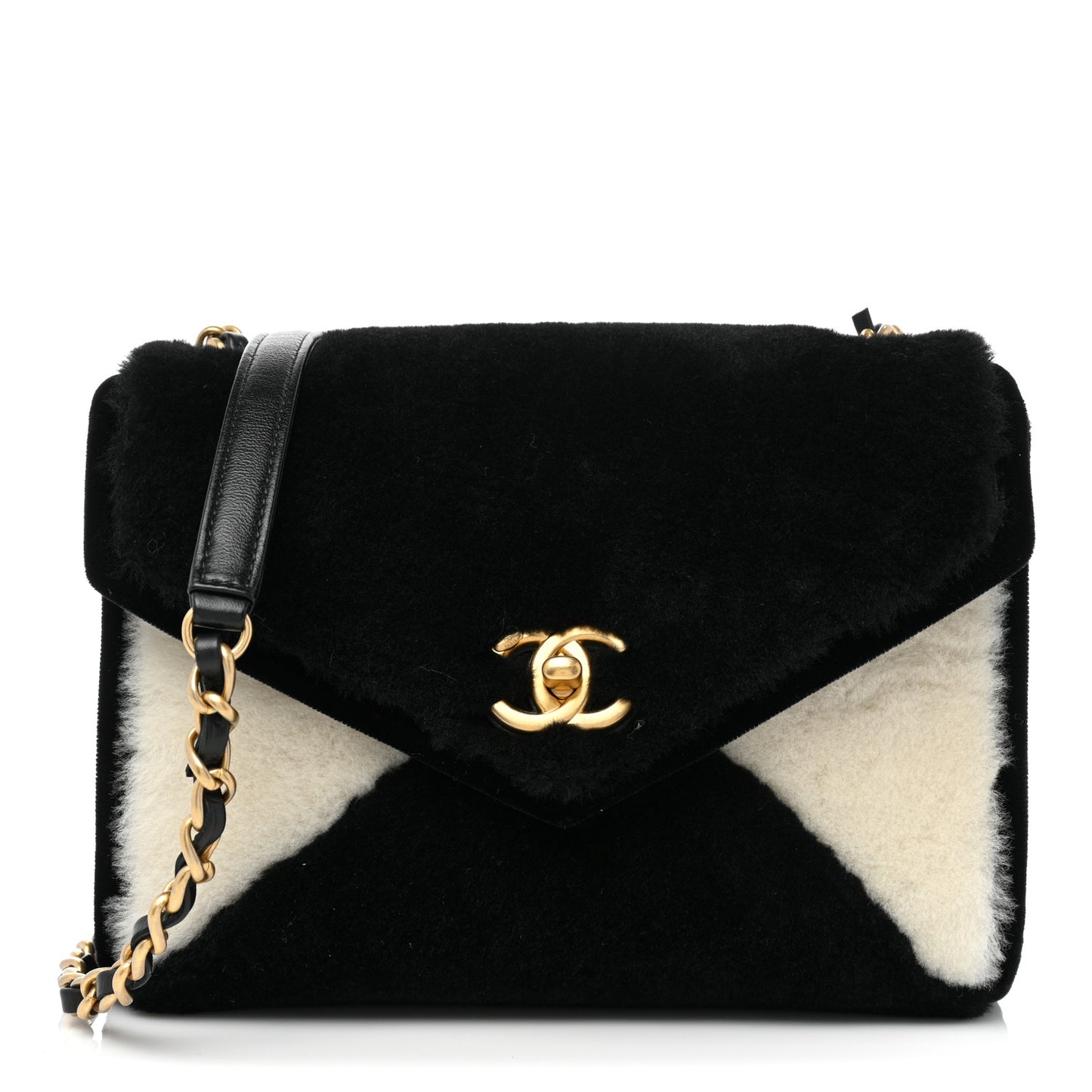 Shearling Checkered Flap Bag Black White
