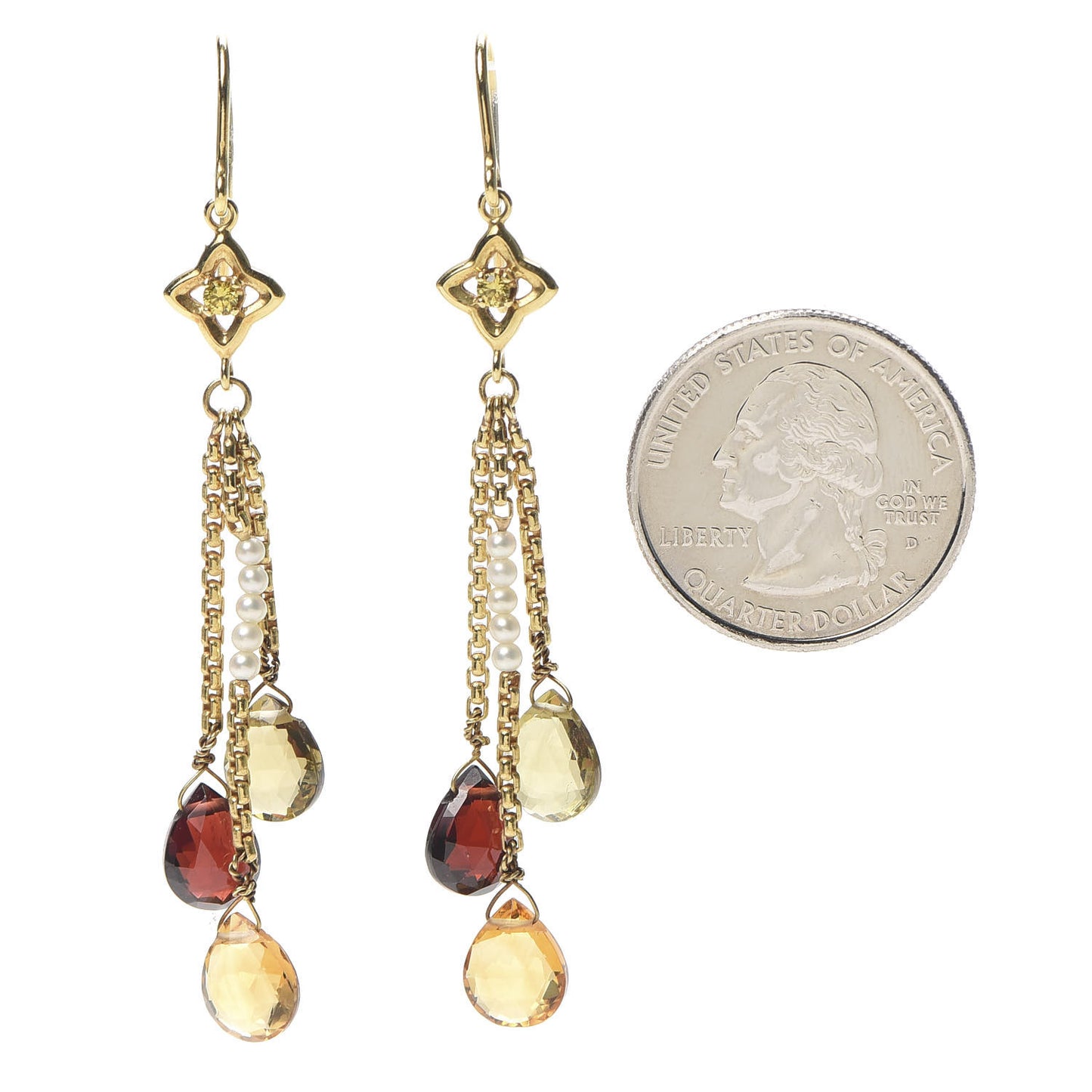18K Yellow Gold Sapphire Garnet Prasiolite Citrine Pearl Drop Earrings