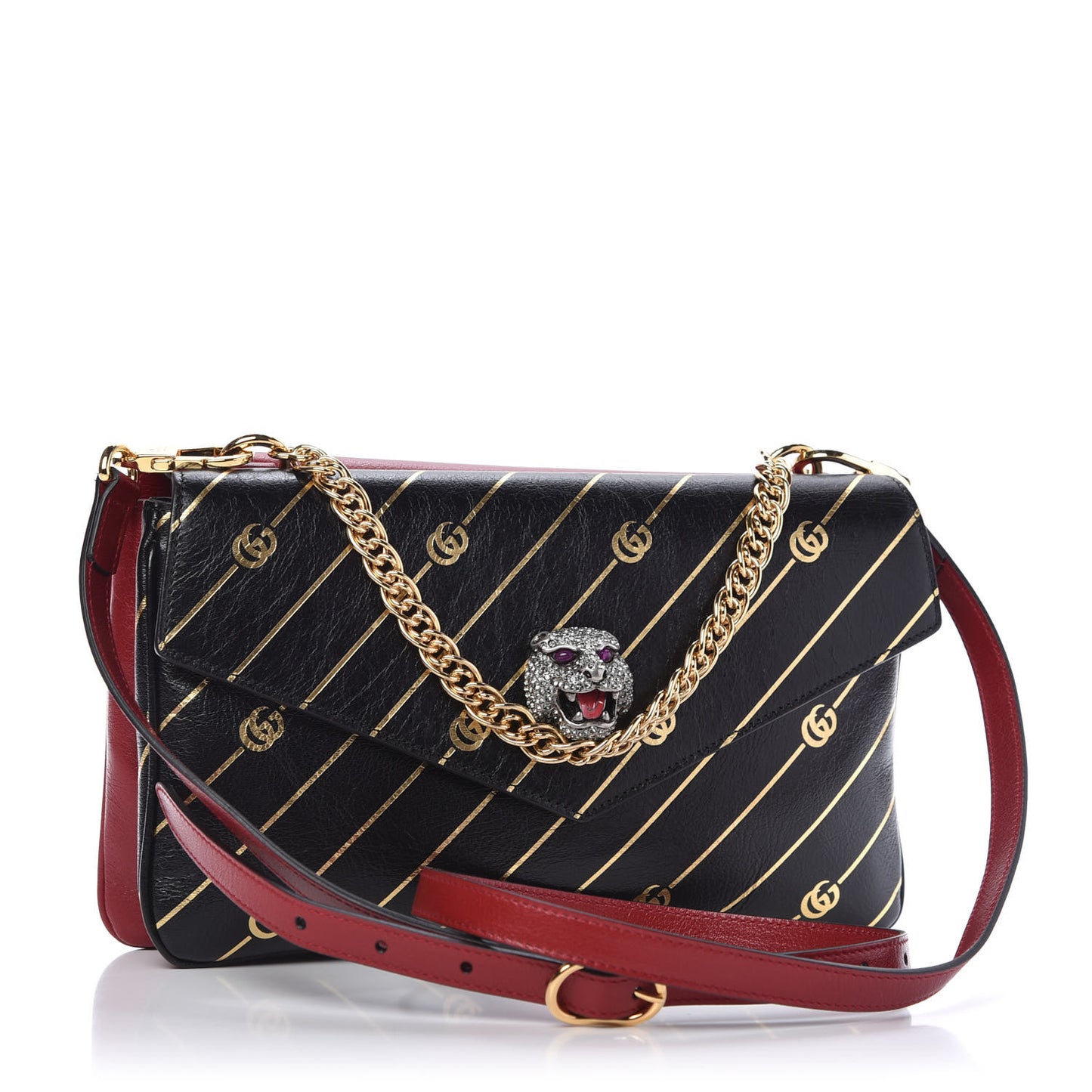 Calfskin Diagonal GG Medium Thiara Double Envelope Shoulder Bag Black Red