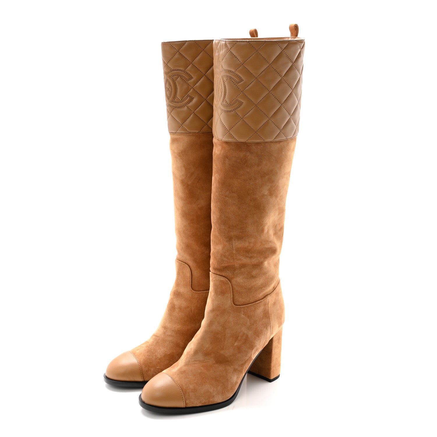 Chanel Suede Calfskin Lambskin Quilted Knee High Heel Boots 38 Beige 3 of 9
