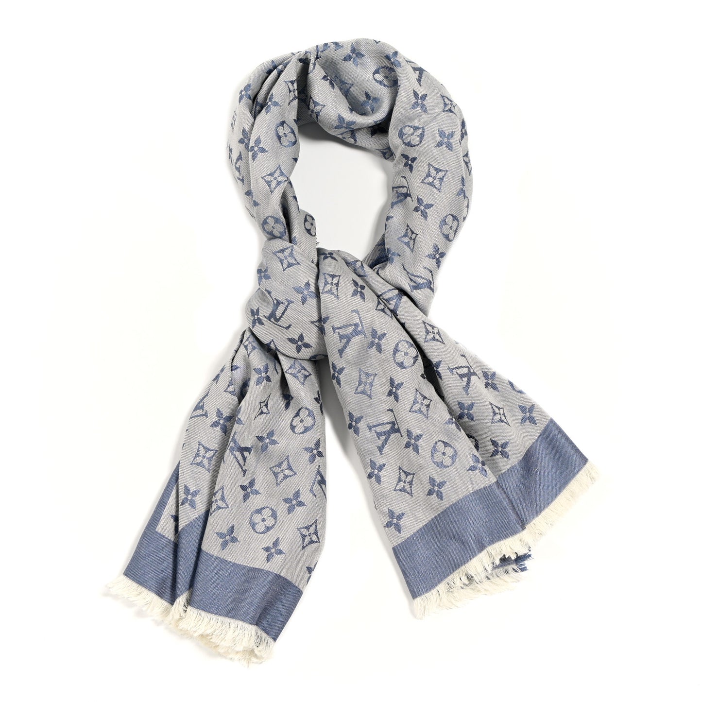 Silk Wool Monogram Denim Shawl Light Blue