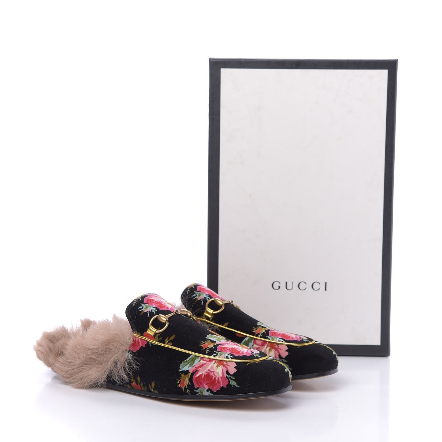 Velvet Fur Floral Womens Princetown Slippers 39.5 Black