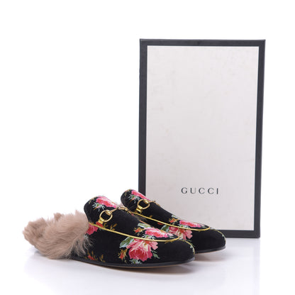Gucci Velvet Fur Floral Womens Princetown Slippers 39.5 Black 9 of 9