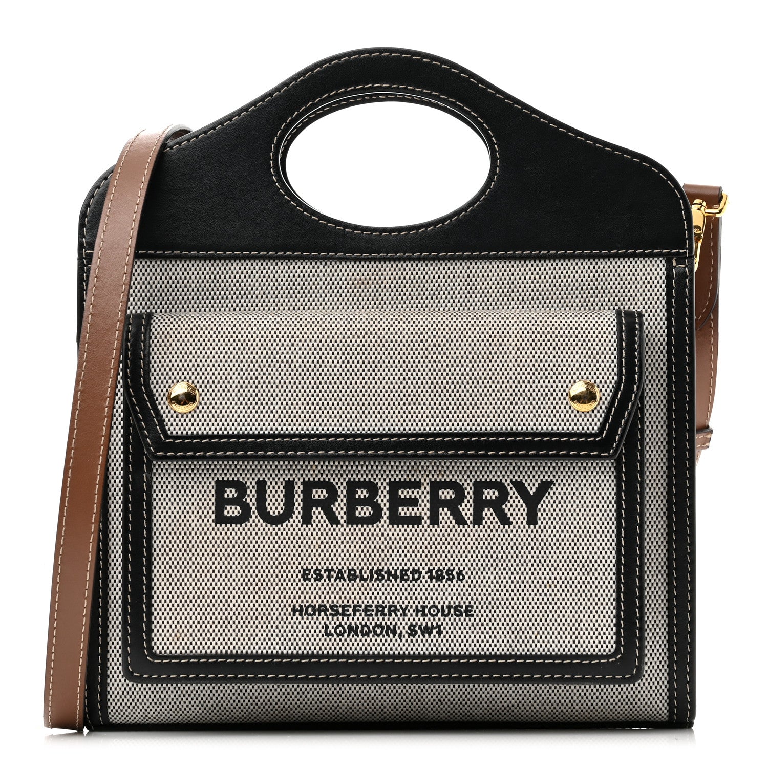 Burberry Smooth Calfskin Canvas Two Tone Mini Pocket Bag Black Tan 1 of 11