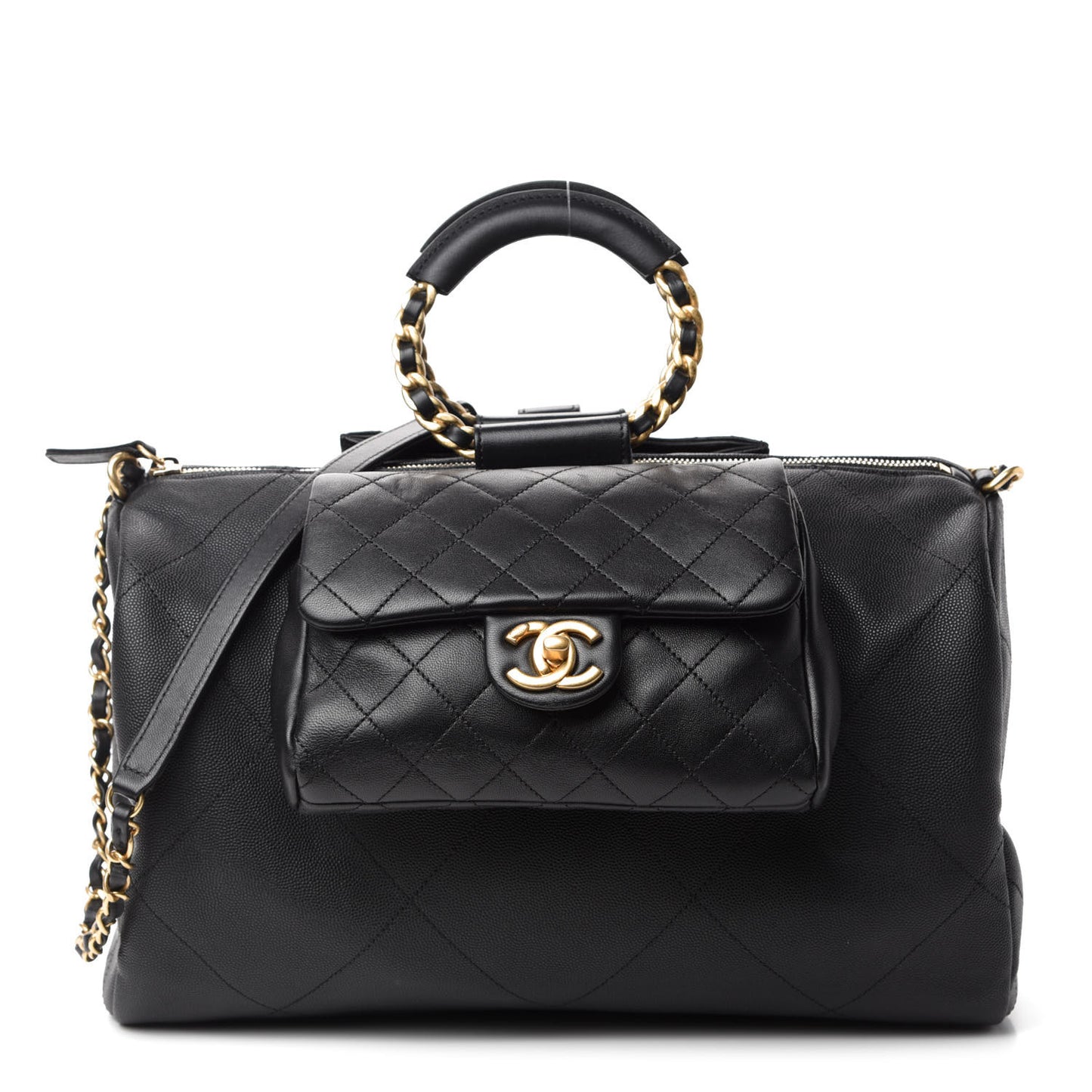 Grained Calfskin Lambskin Quilted Large Bowling Bag Black