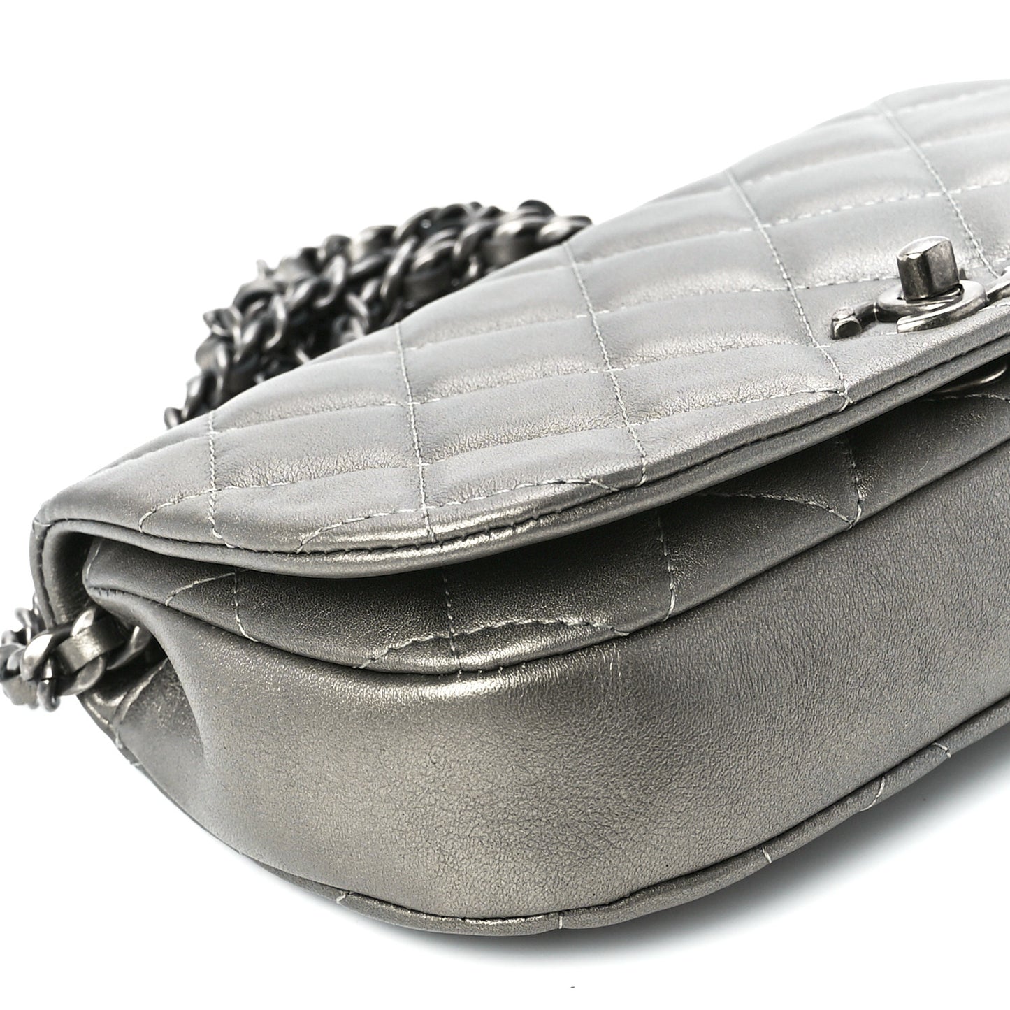 Metallic Calfskin Quilted Flap Clutch With Chain Ruthenium