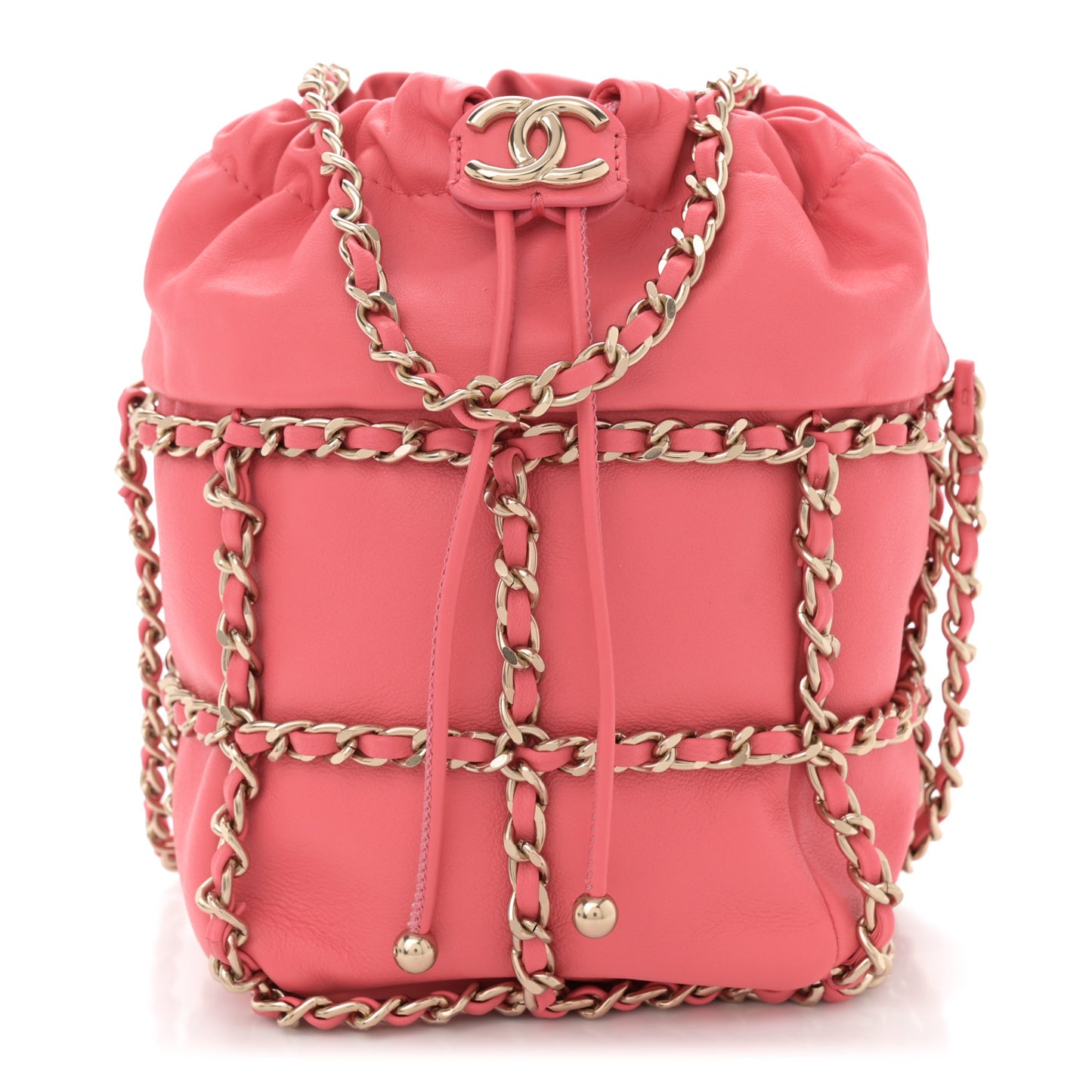 Lambskin Bucket Chain Drawstring Bag Pink
