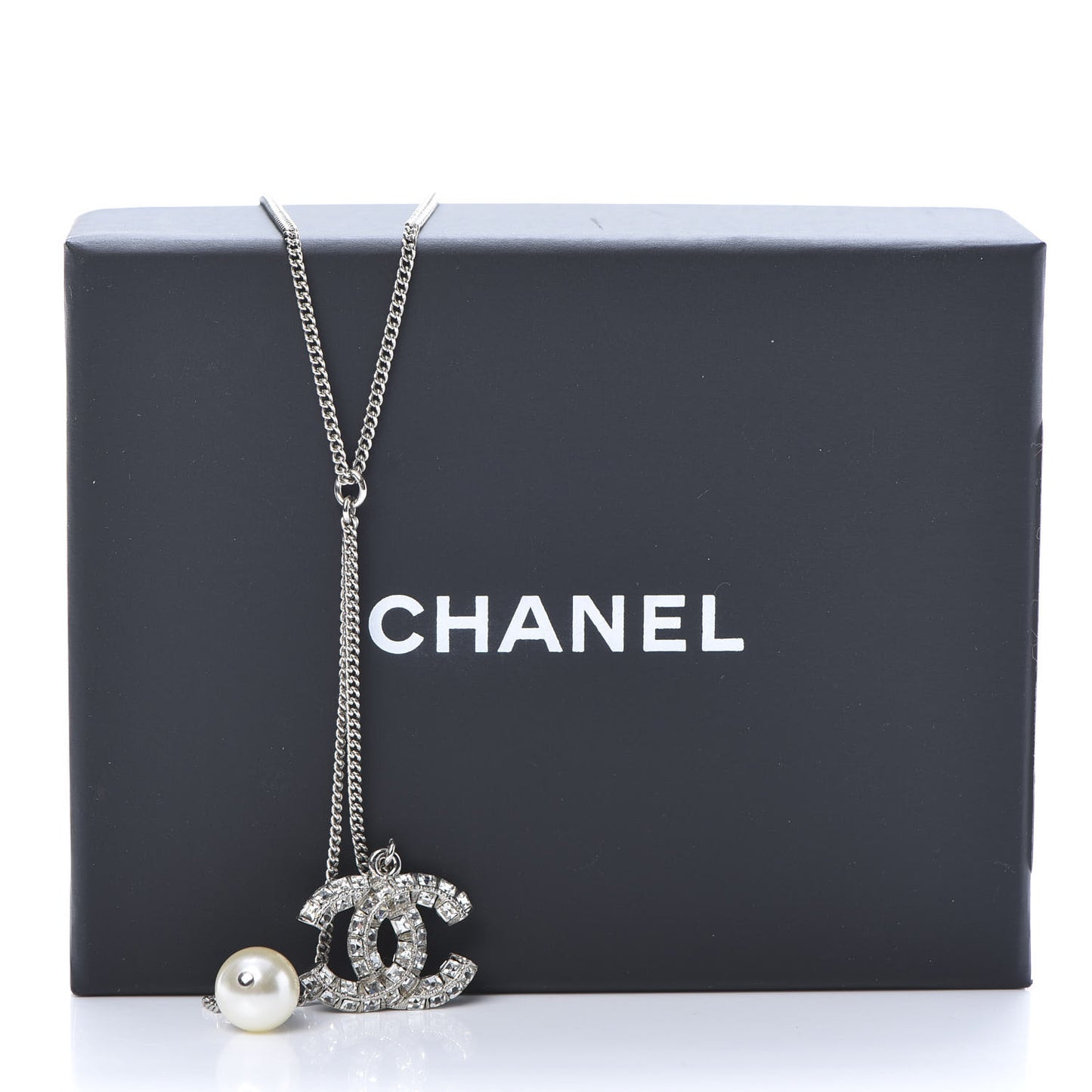 Baguette Crystal Pearl CC Lariat Necklace Silver