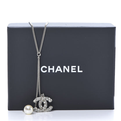 Chanel Baguette Crystal Pearl CC Lariat Necklace Silver 5 of 5