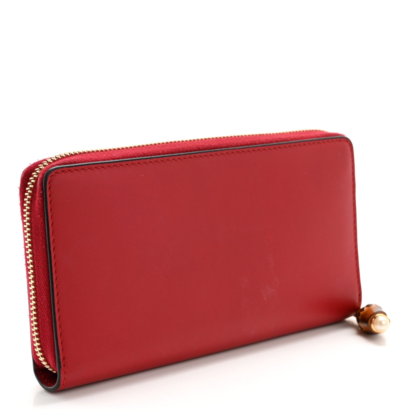 Calfskin Bamboo Round Zip Long Wallet Red