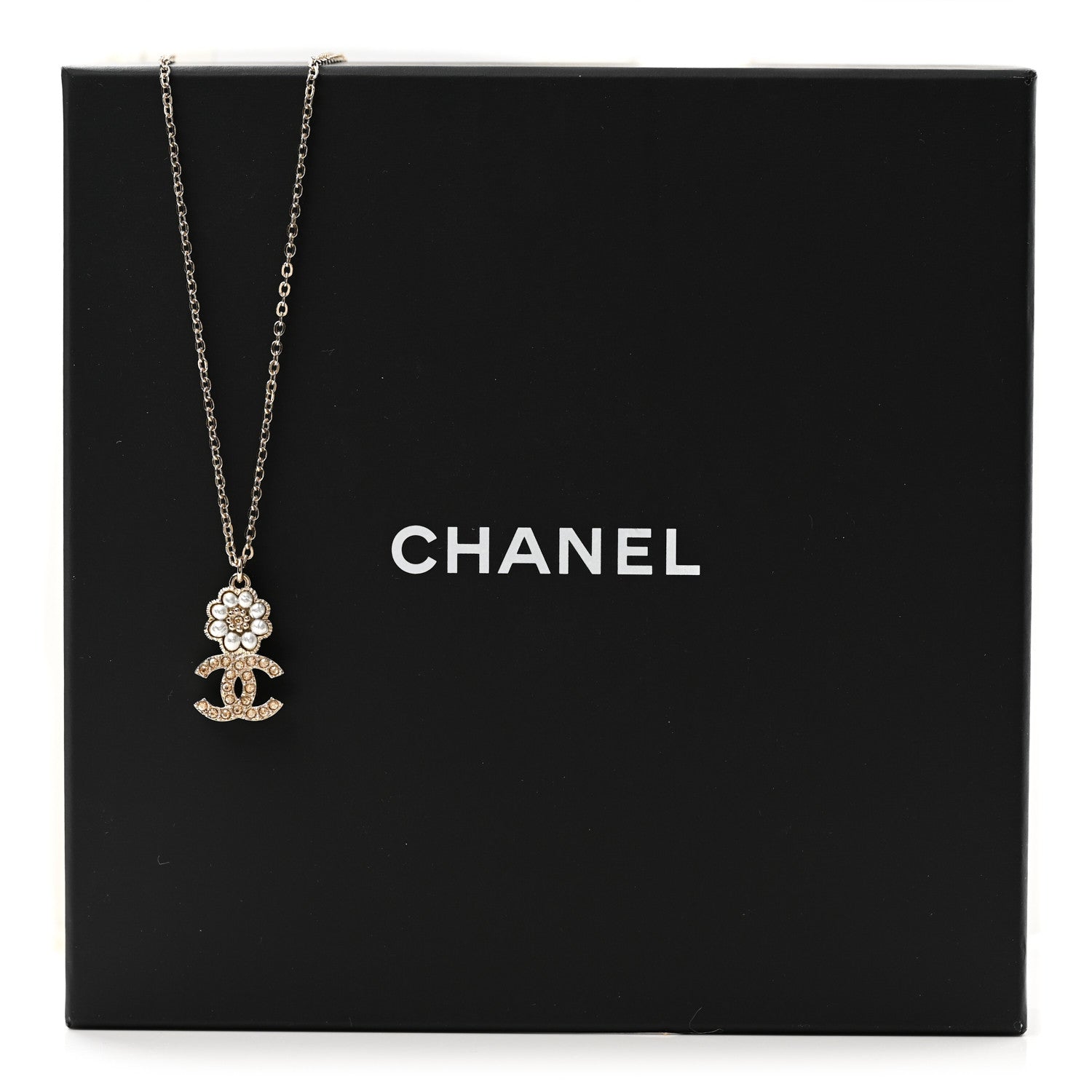 Chanel Pearl Crystal CC Flower Pendant Necklace Gold Light Brown Pearly White 7 of 7