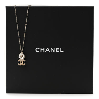 Chanel Pearl Crystal CC Flower Pendant Necklace Gold Light Brown Pearly White 7 of 7