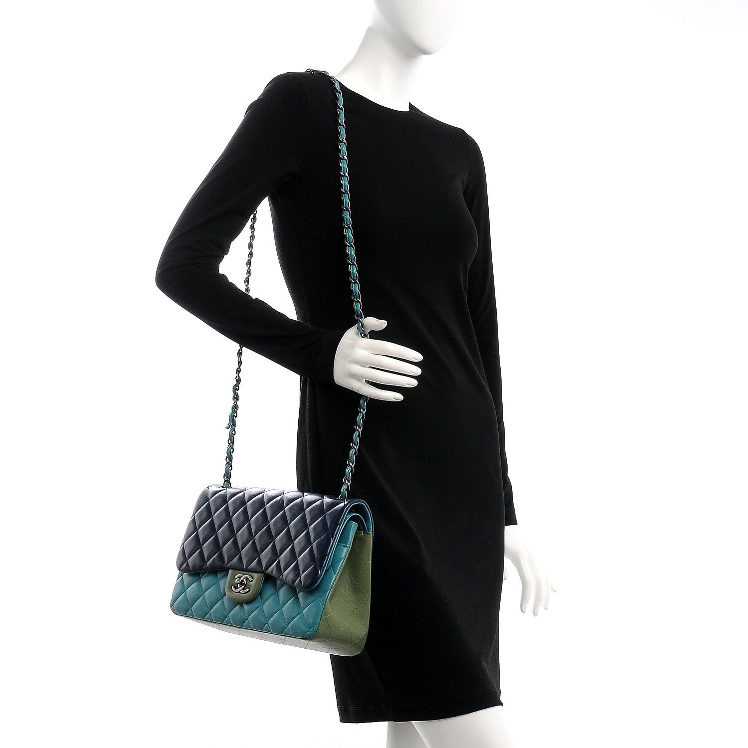 Chanel Lambskin Quilted Tri-Color Jumbo Double Flap Navy Blue Green 2 of 13
