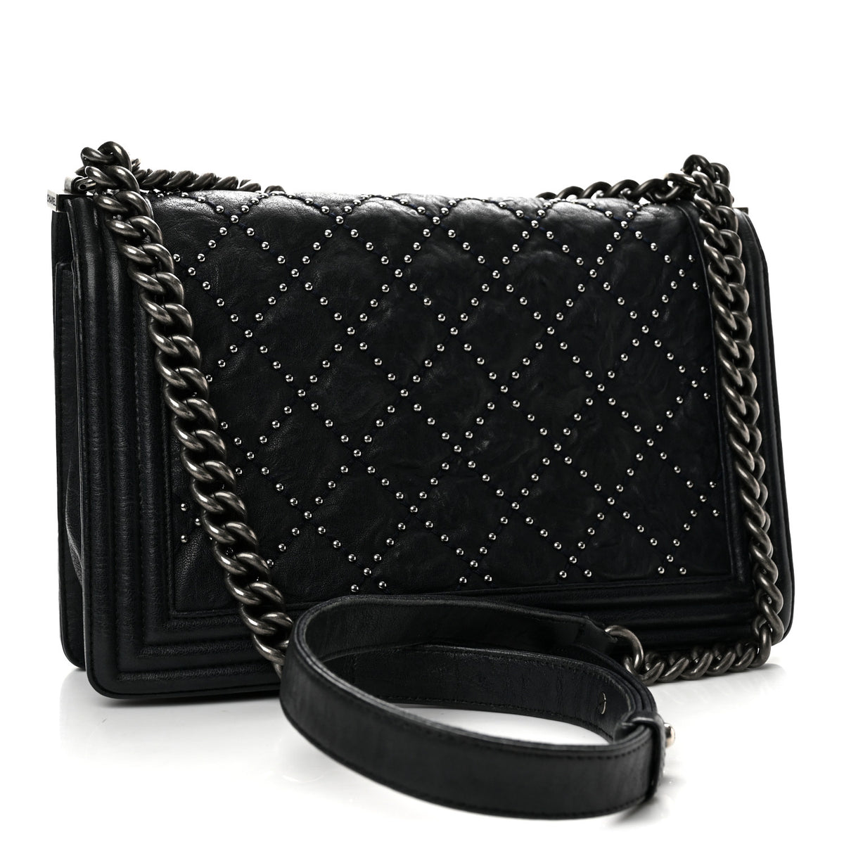 Crumpled Lambskin New Medium Studded Boy Flap Black