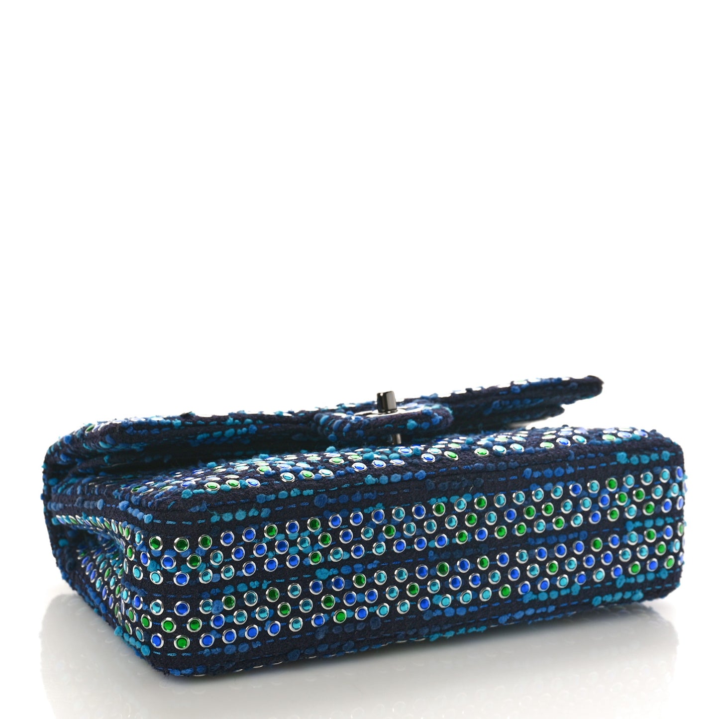 Tweed Crystal Quilted Embroidered Medium Double Flap Navy