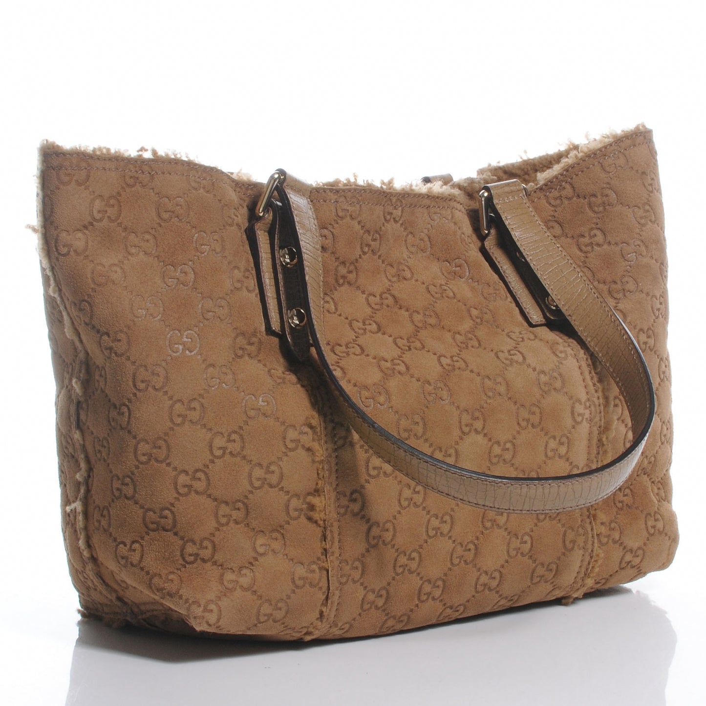 Suede Shearling Guccissima Large Jolicoeur Tote Tan