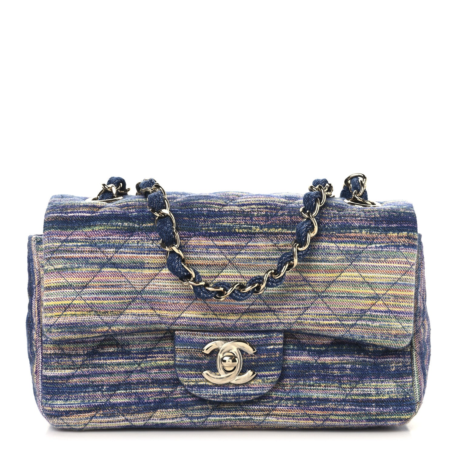 Chanel Striated Denim Quilted Classics in Fabrics Mini Rectangular Flap Navy Yellow Purple Green Multicolor 1 of 11